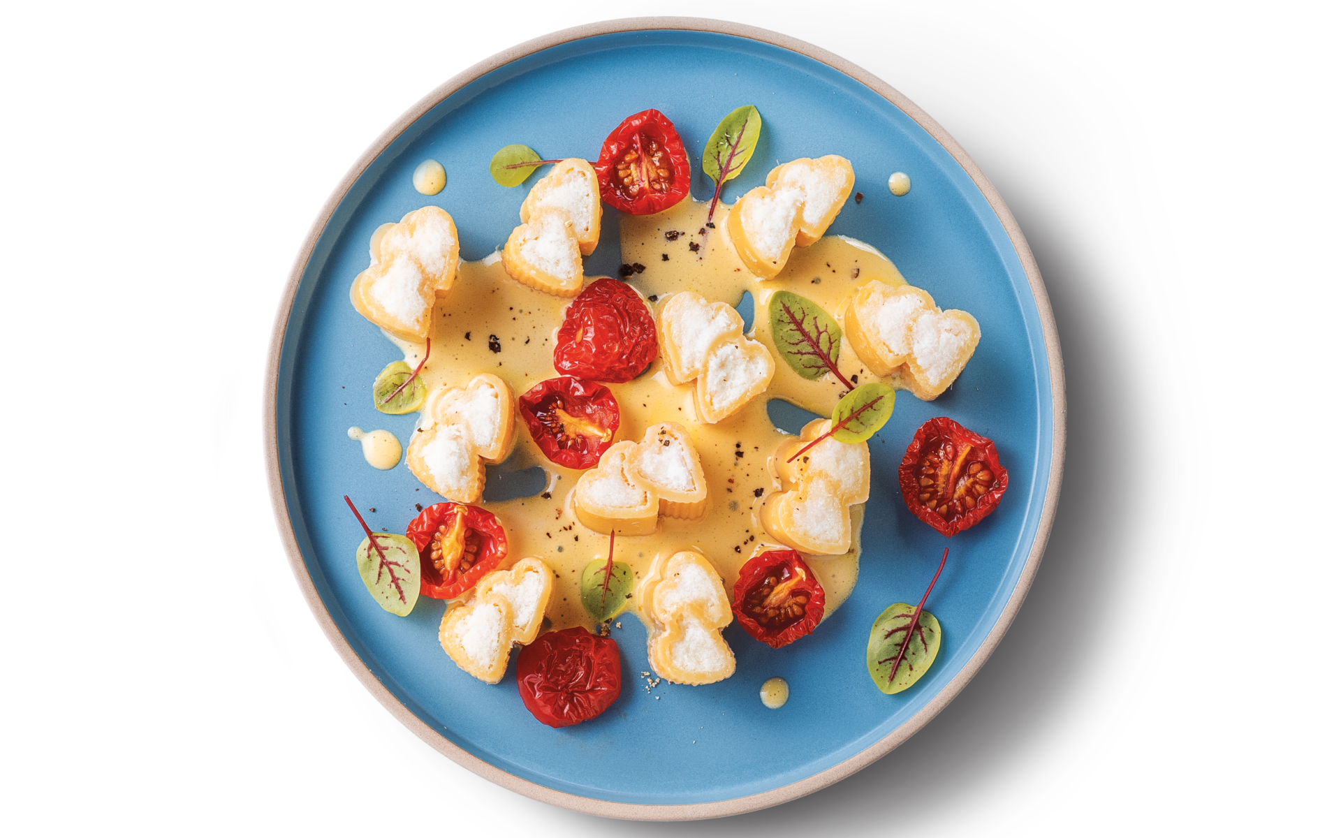 pasta con crema di baccalà e zabaione salato con pomodorini confit